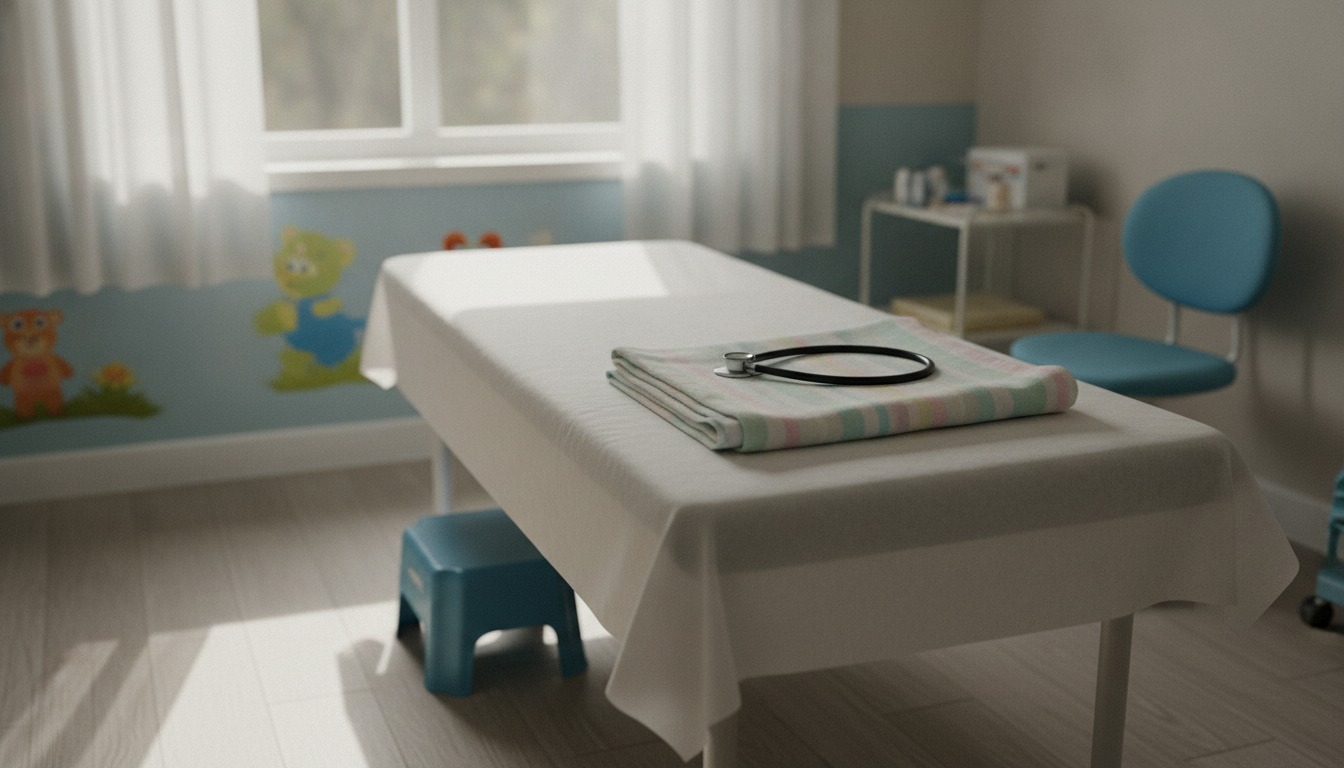 A pediatric exam room with a paper-covered table, a stethoscope resting on a folded blanket, and soft daylight through a window