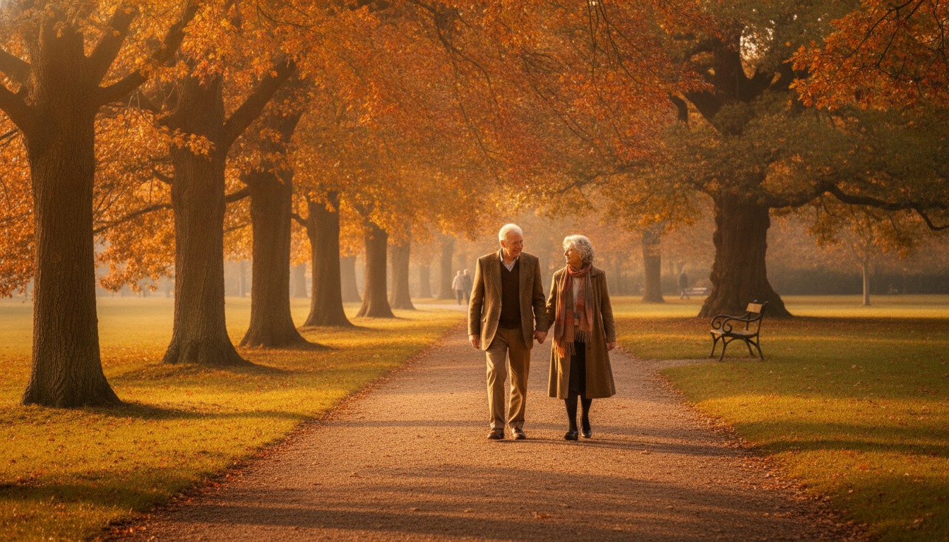 Older couple walking slowly together along a tree-lined park path in warm late afternoon light