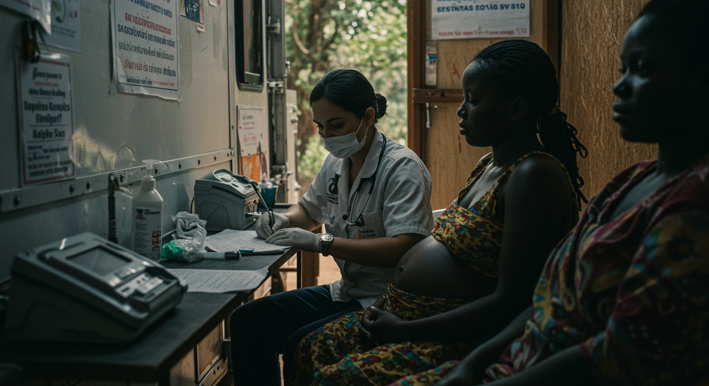 A midwife examining a pregnant woman at a mobile health unit in a rural village setting with medical equipment visible