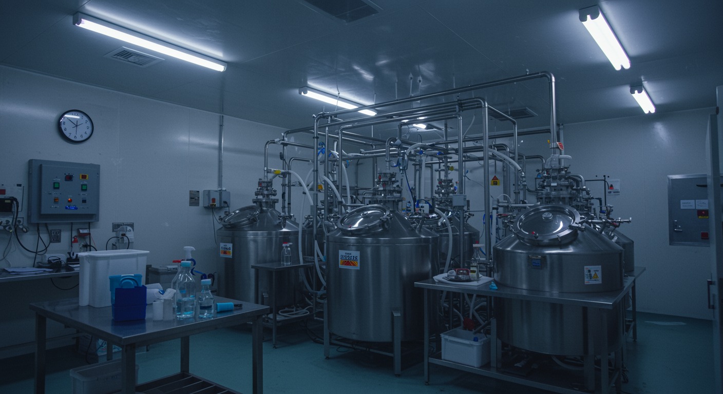 Agricultural research laboratory with fermentation equipment under fluorescent lighting