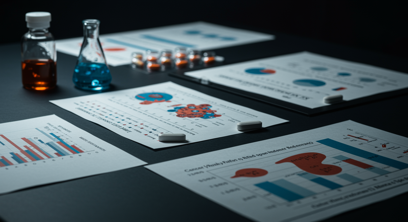 Medical research table showing various NSAIDs and sphincter-relaxing medications with cancer risk assessment charts and cellular damage illustrations