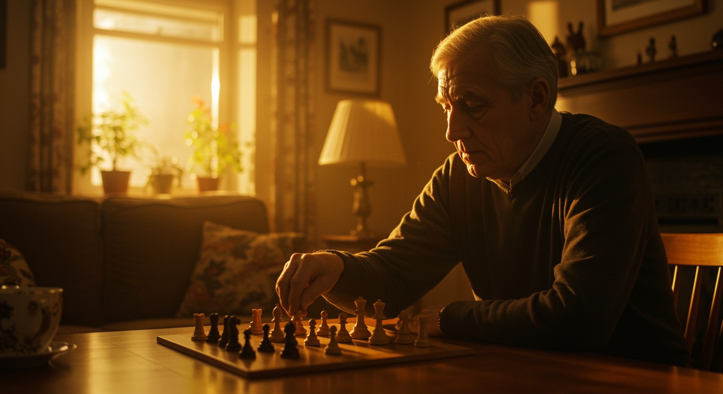 Elderly person playing chess at a table in a warmly lit living room, showing sharp concentration and mental acuity