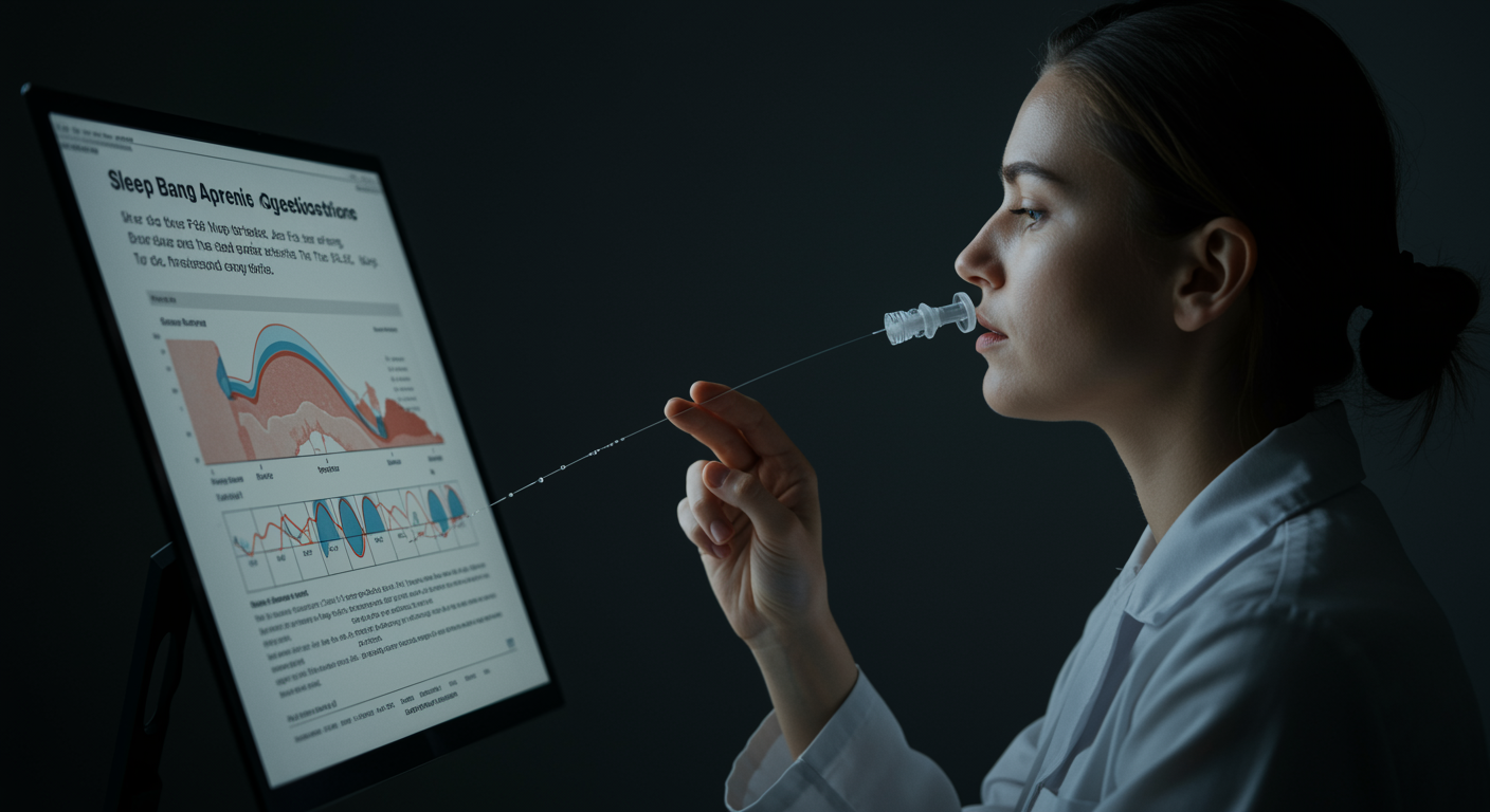 Photorealistic medical screening questionnaire with sleep apnea diagnostic visualization, showing STOP-Bang assessment accuracy, soft clinical lighting, no text