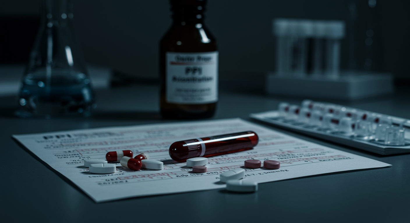 Medical laboratory showing PPI medications alongside iron supplements and blood test results on hematology analysis table