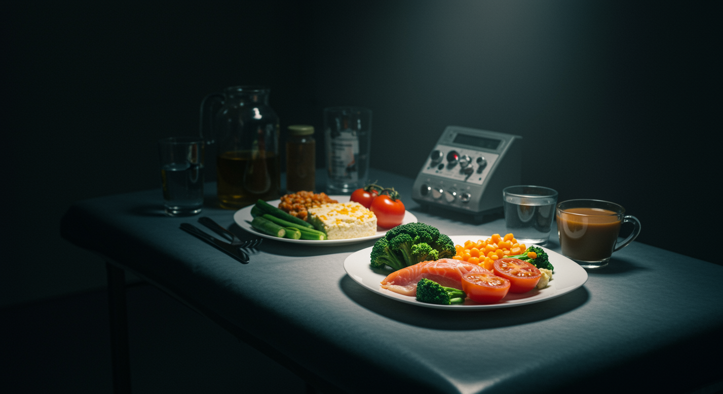 Healthy very low-carbohydrate meal with high-fat foods, vegetables, and protein sources on a medical research table