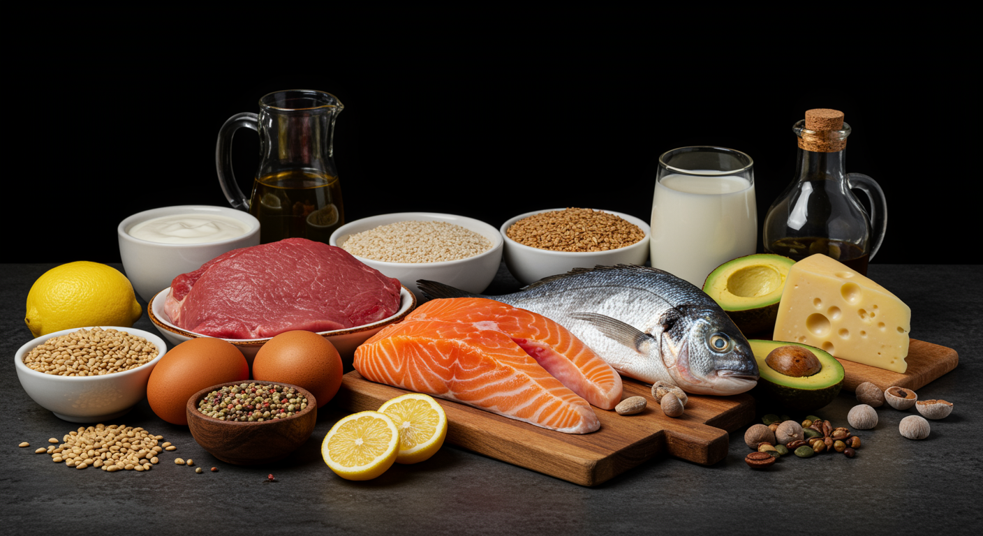 Various animal-based foods rich in vitamin B12 including meat, fish, eggs, and dairy products arranged on a nutritional research table