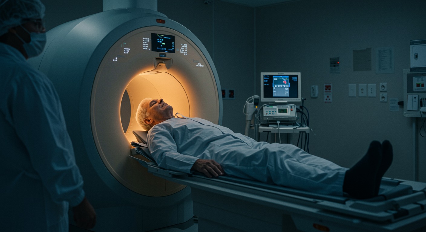 Older adult undergoing a brain MRI scan in a bright clinical imaging suite