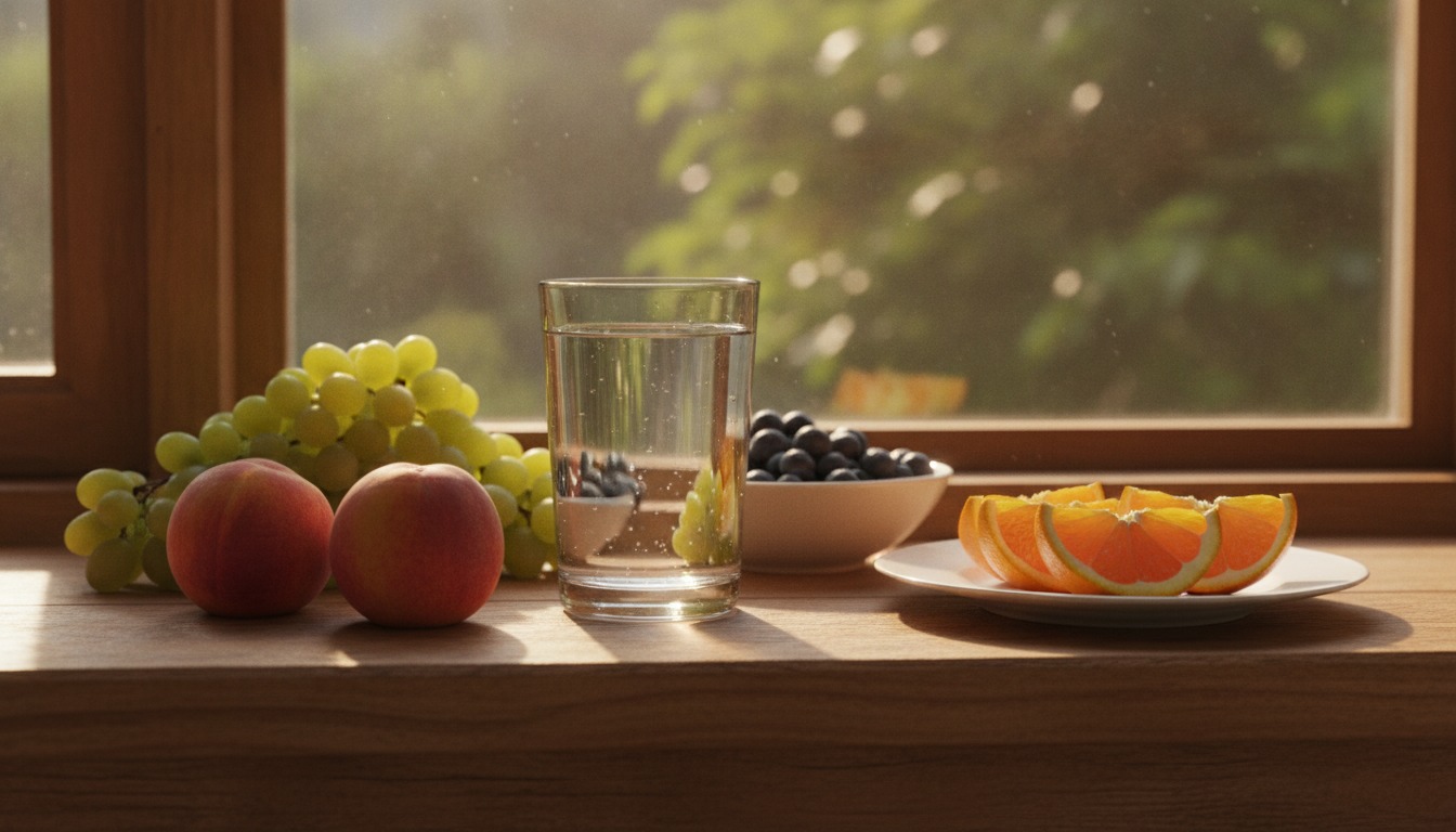 Sunlit windowsill with fresh fruit and a glass of water on a warm wooden surface in soft morning light