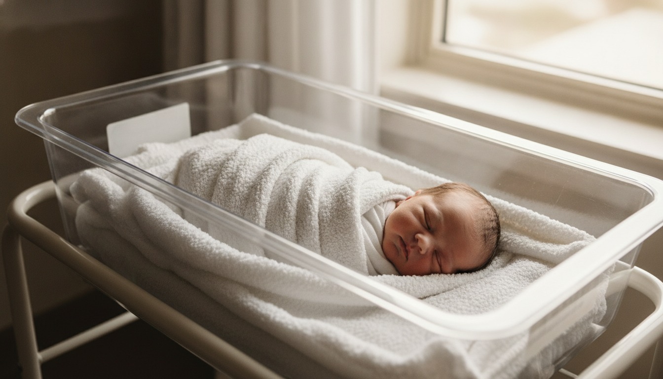 A newborn baby sleeping swaddled in a soft white blanket in a hospital bassinet, lit by warm natural window light