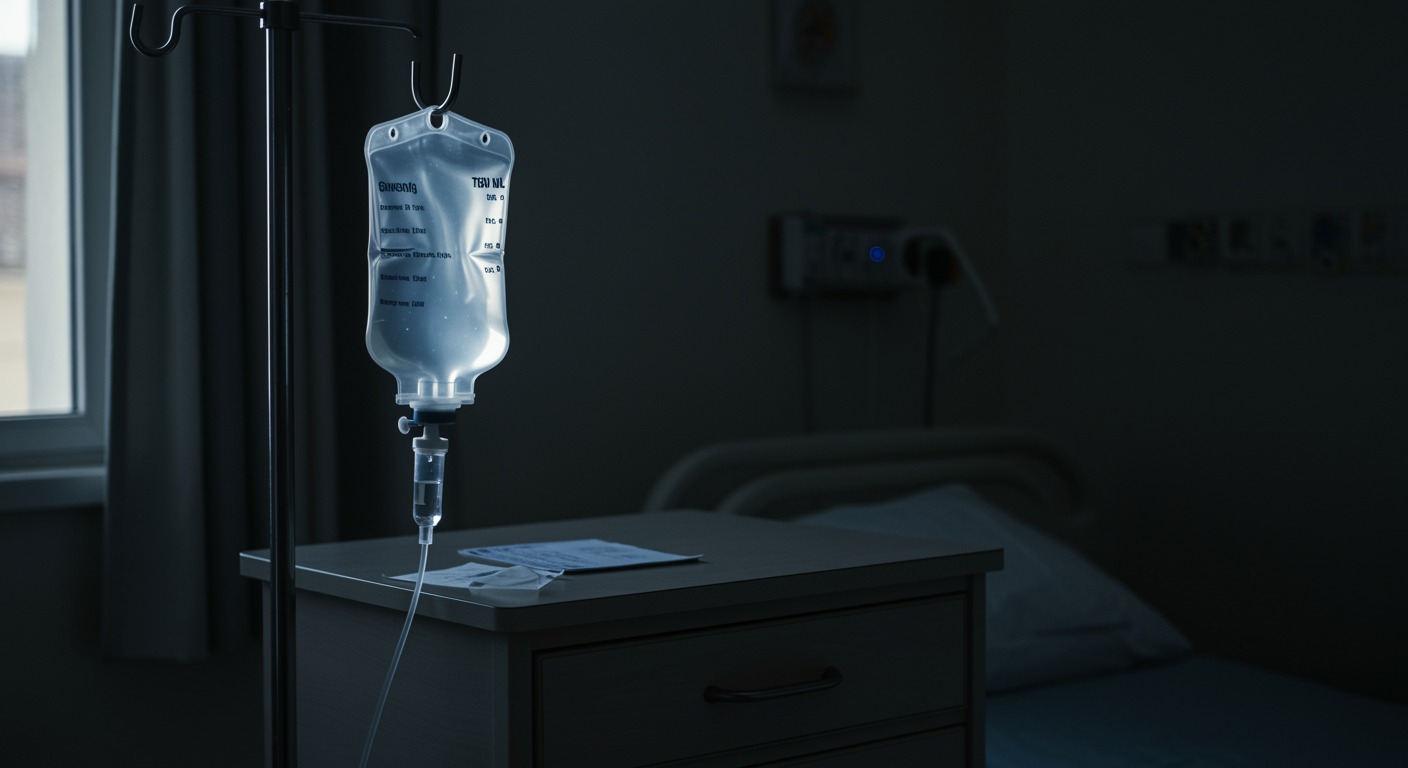 A single intravenous infusion bag hanging beside a hospital bedside table with soft natural light from a window