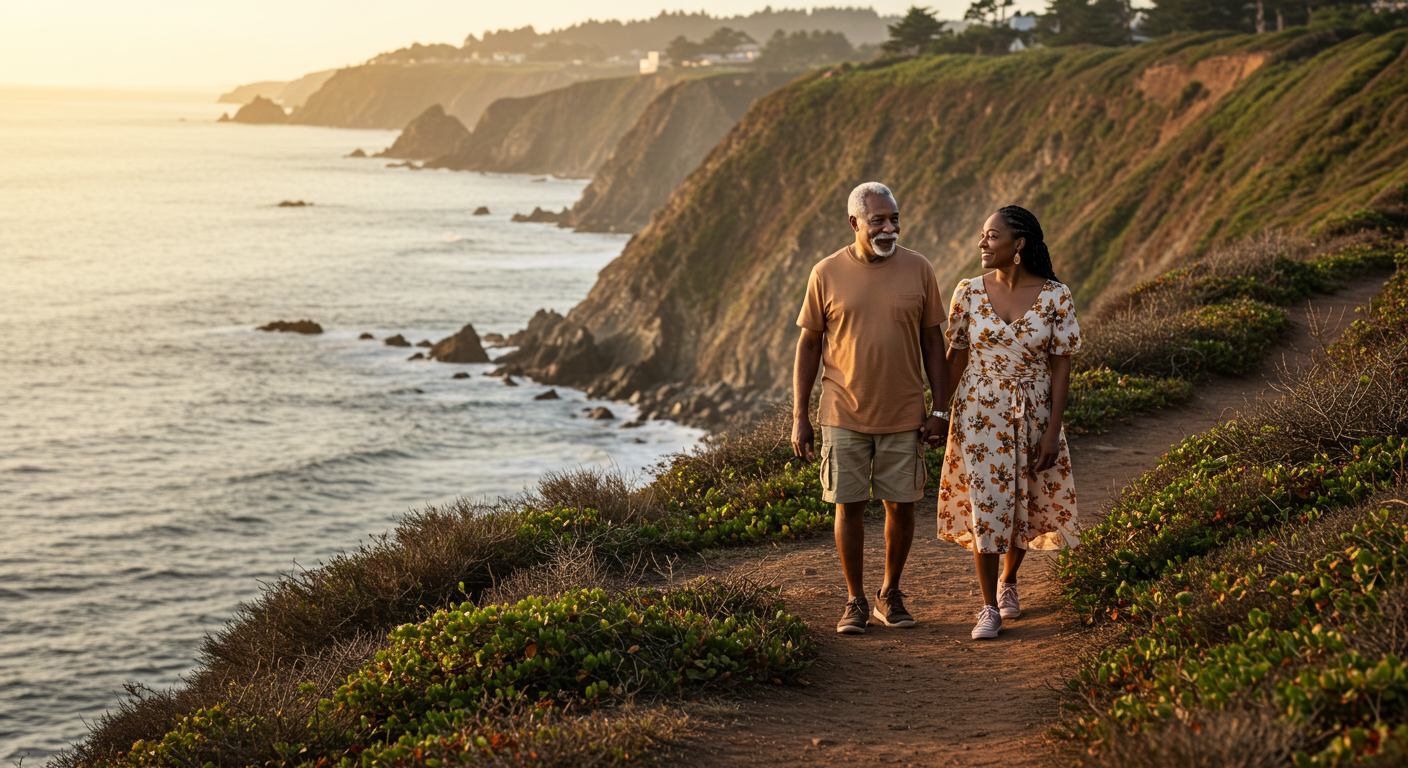 Elderly man and woman walking on a nature trail, representing the health benefits of daily walking.