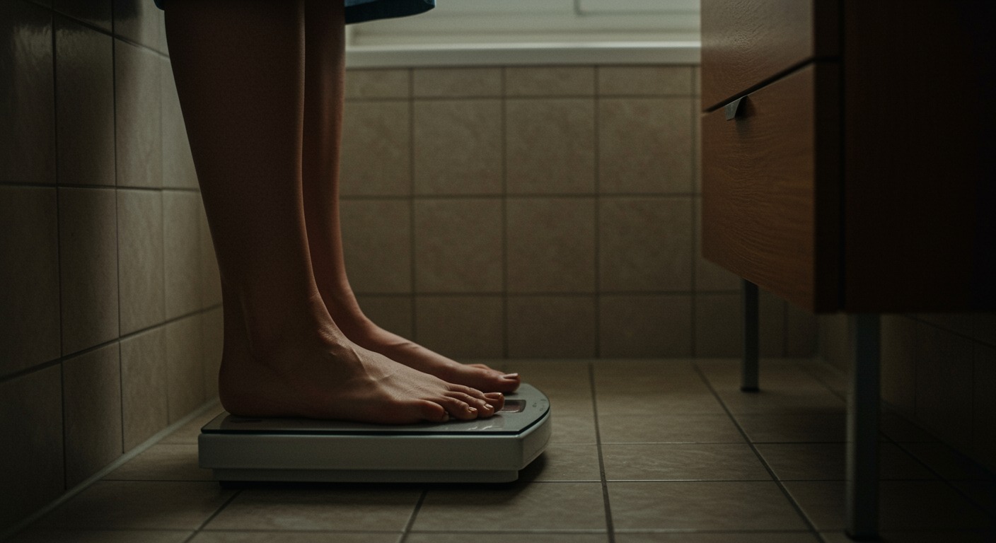 Person stepping on a scale in a bright bathroom with clean neutral tones and soft natural light