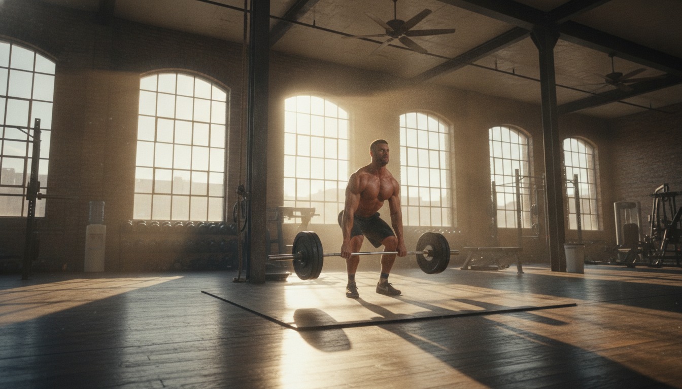 Athlete doing deadlifts in a sunlit gym with warm light streaming through large windows and chalk dust in the air
