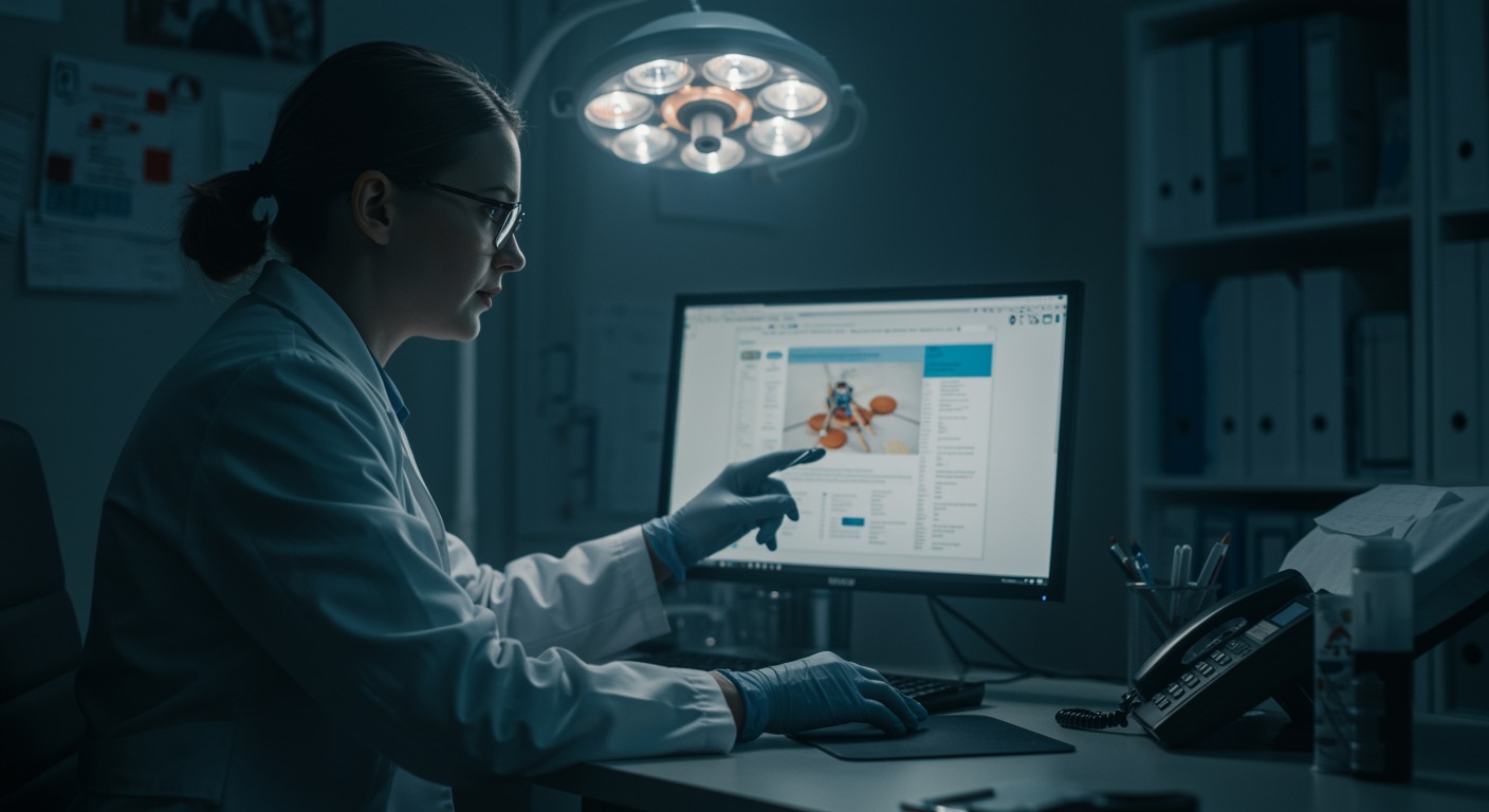 Primary care physician reviewing depression treatment guidelines on computer screen in medical office with professional lighting