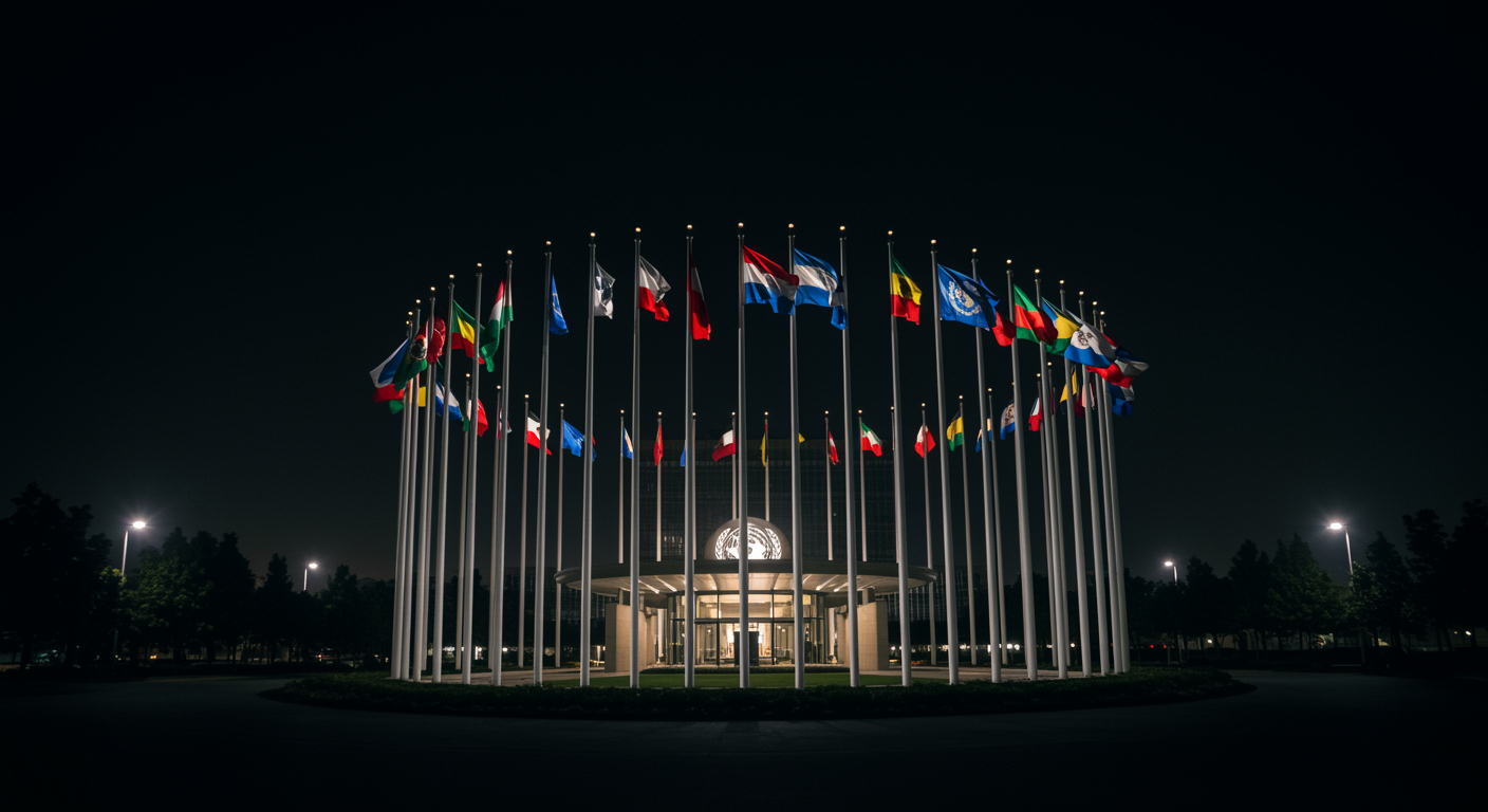 WHO headquarters building with international flags under diplomatic lighting