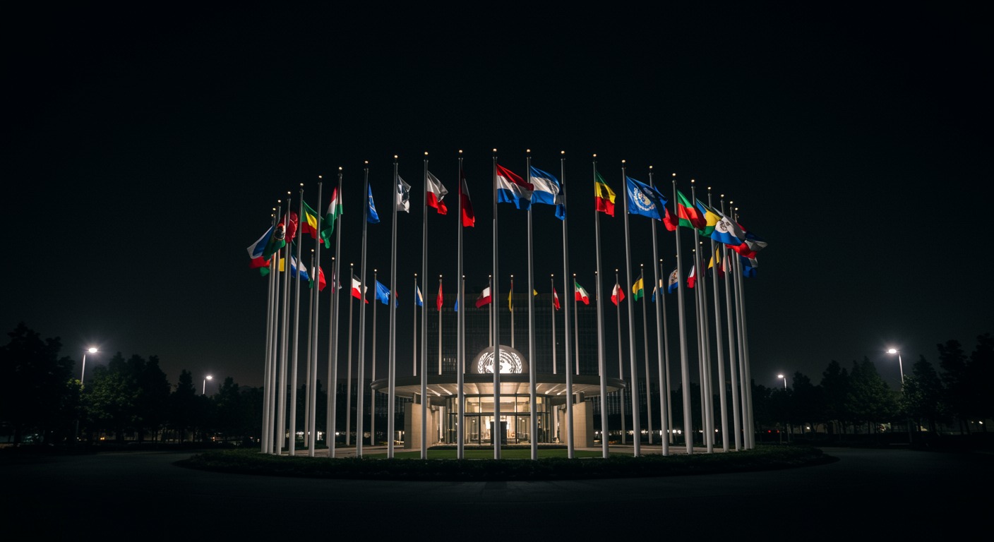 WHO headquarters building with international flags under diplomatic lighting