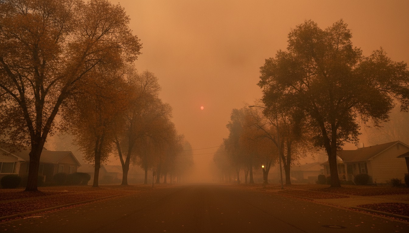 Hazy orange sky filled with distant wildfire smoke drifting over a quiet residential street lined with trees in the late afternoon