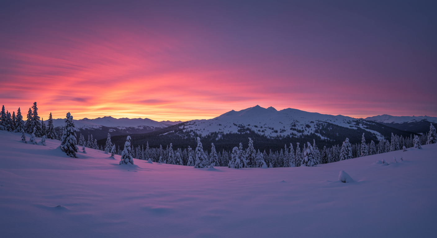 Snowy landscape with pink sunrise