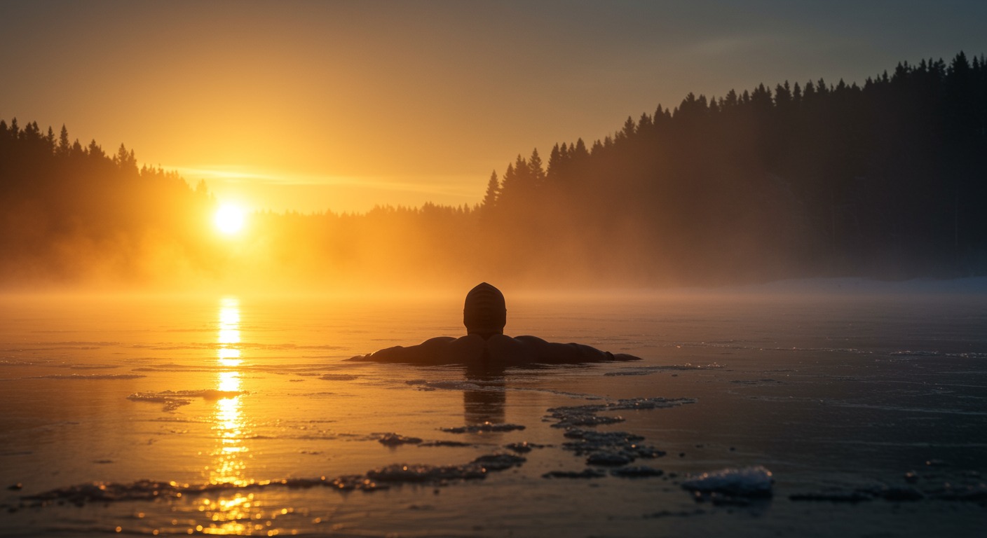 Swimmer in icy lake with warm golden sunrise