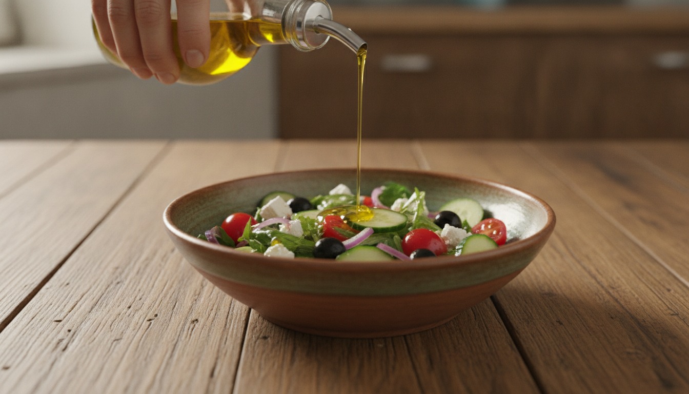 Close-up of a hand drizzling olive oil over a rustic salad bowl on a warm wooden surface with soft window light